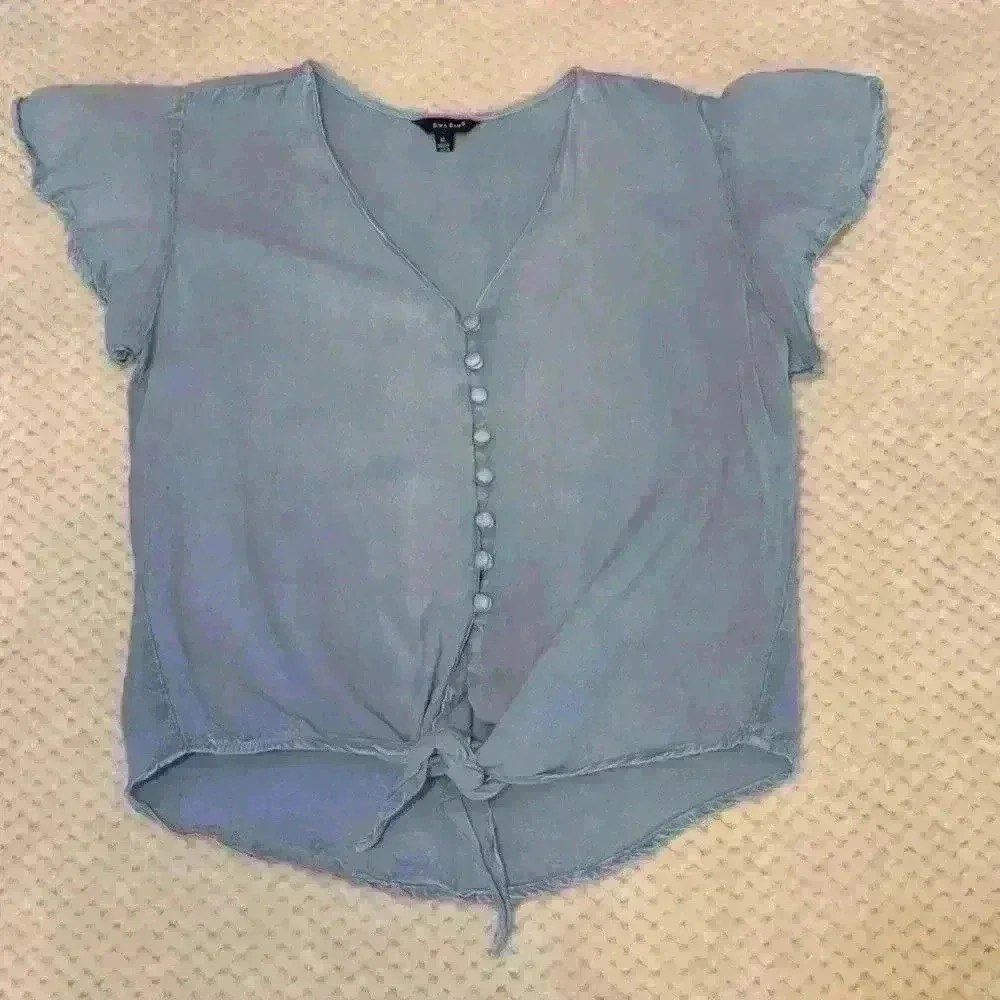 Blue button down tie short sleeve Sim & Sam sz S beachy resort vacation casual